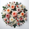 Flowers composition. Frame made of pink and orange roses on white background. Flat lay, top view, copy space Royalty Free Stock Photo